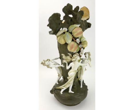 Large Art Nouveau German Porcelain Figural Vase. Depicting 3 Nymphs dancing around a peach tree. Signed with KPM mark on bott