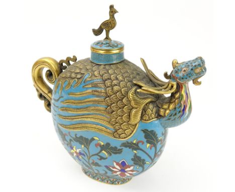 Vintage Chinese Cloisonné and Brass Dragon Tea Pot. Unsigned. Good condition. Measures 9" H. Shipping $58.00 (estimate $500-$