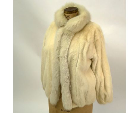White Mink Jacket With Fox Fur Collar. Cotton khaki lining, reversible. Labeled Made In Hong Kong size 10. Light soiling on k