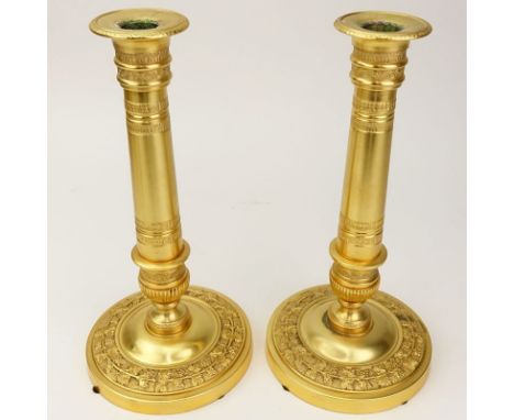 Pair of Louis XVI Style Gilt Bronze Candlesticks. Unsigned. Rubbing to gilt, light patina. Measures 10" H. Shipping $58.00 (e