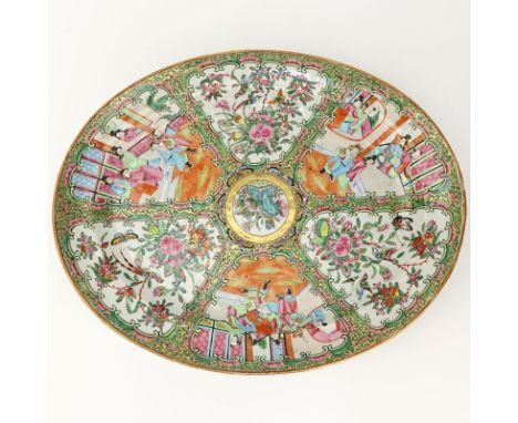 Large Chinese Export Porcelain Rose Medallion Oval Platter. Unsigned. One rim chip, wear. Measures 16-1/2" x 13-1/4". Shippin