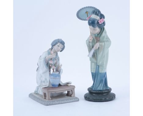 Lot of Two (2) Lladro Porcelain Figurines. Includes: Japanese Girl Decorating, 7-1/2", small losses to flowers; Japanese Girl