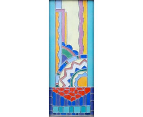 Art Deco Style Enamel On Lucite or Glass Panel. Unsigned. Good condition. Measures 15-1/4" x 6", frame measures 16-5/8" x 7-1