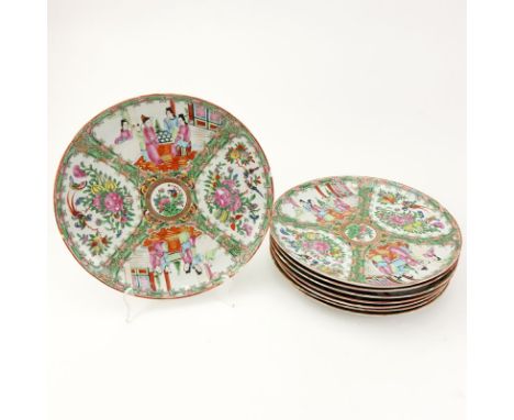 Set of Eight (8) Chinese Export Porcelain Rose Medallion Dinner Plates. Unsigned. Rim chips. Measures 10" Dia. Shipping: Thir