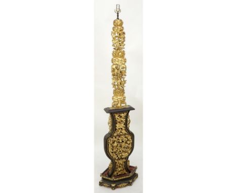 Large 19/20th Century Chinese Heavy Carved Gilt Wood and Black Painted Temple Candle Holder Mounted as Lamp. Figural heavy ca