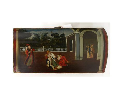 18th Century Ottoman Oil On Concave Wood Panel "Ottoman Court Scene" Unsigned. Craquelure, age cracks in panel. Measures 23-1