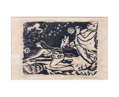 German woodcut on paper. Signed in pencil (illegible) numbered 7/25. Toning from age. Light liquid stains. Measures 5-5/8” x 
