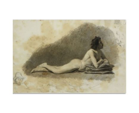 19th Century Italian School Charcoal Drawing "Reclining Male Nude" with small portrait lower left. Bears portrait monogram (f