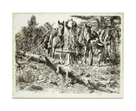 Paul Calle, American (1928-2010) Limited Edition Lithograph "Fresh Tracks" Signed and Numbered 772/950 in Pencil. Dated 1977.