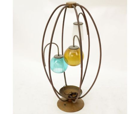 Mid Century Modern Metal and Wood Lamp. 3 lights, 2 with colored glass globes over white glass shades. Unsigned. "AS IS" Cond