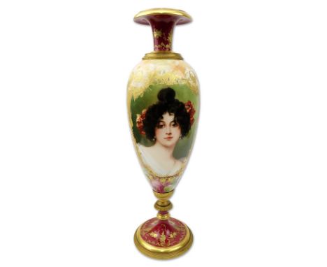 Large 19/20th Century Royal Vienna Hand Painted Portrait Vase. The portrait surrounded by a detailed rose background and gilt