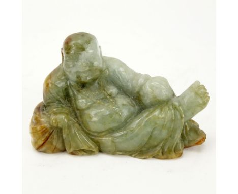 Chinese Carved Jade Resting Buddha Figurine. Light to dark green with amber color splashes. Natural wear or else good conditi