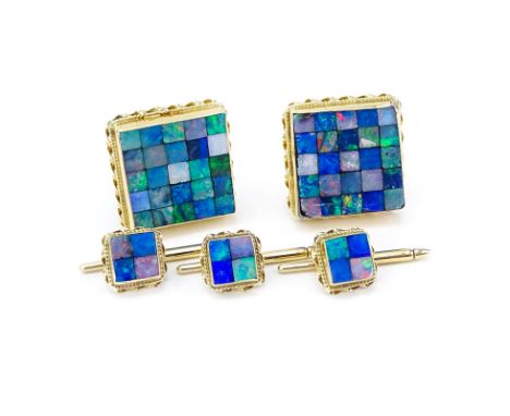 Man's Vintage Mosaic Opal and 14 Karat Yellow Gold Five (5) Piece Dress Shirt Set Including Cufflinks and Shirt Studs. Stampe