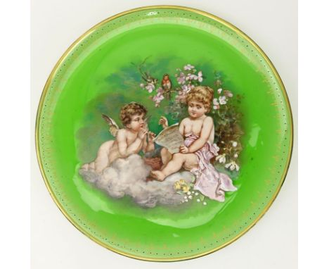 Antique Hand Painted Green Glass Platter. Decorated with whimsical putti scene. Unsigned. Light wear or in good condition. Me