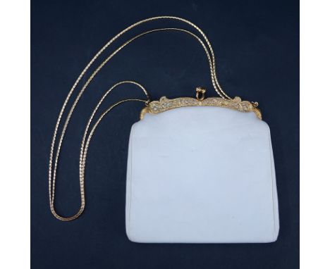 Judith Leiber White Leather Handbag. Gold-tone hardware. Double chain strap. Labeled Light soiling and wear. Measures 6-1/2" 