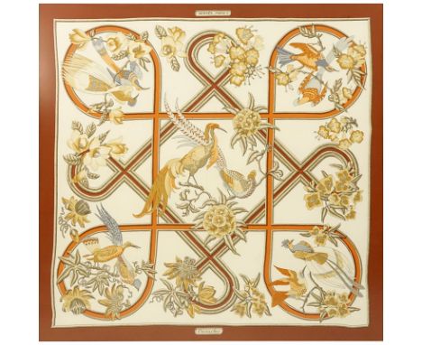 Hermes "Caraibes" Silk Scarf in Frame. Good condition. Measures 34" H x 33" W (sight), frame measures 42" H x 41" W. Shipping
