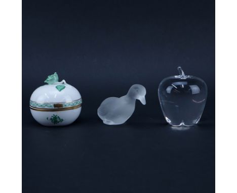 Collection of Three (3) Tableware. Includes: Steuben crystal apple paperweight 4-1/4" H, Baccarat frosted crystal resting duc