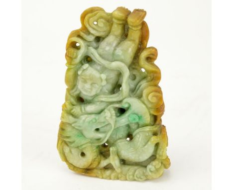 Chinese Jade Dragon with Figure Carving. Light green with amber color splashes. Natural wear or else good condition. Measures