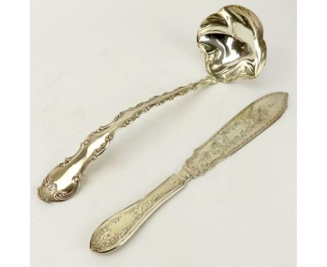 Two (2) Pieces Sterling Silver Serving Pieces. Includes Gorham ladle, 12" L and fish knife, 11-1/2" L. Signed. Good condition