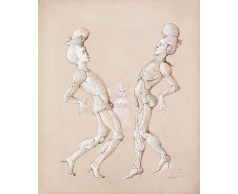 LEONOR FINI (1907-1996)Duel oratoire signed 'Leonor Fini' (lower right)gouache, pen and ink on paper45.4 x 37.7cm (17 7/8 x 1
