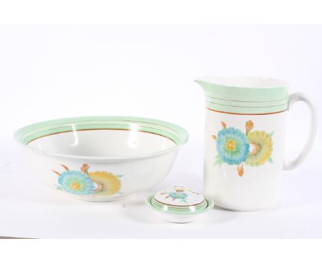 A Wilkinson wash set, painted in a Clarice Cliff 'Rhodanthe' style design, comprising a ewer, basin and soap dish and cover, 