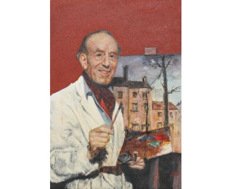 J Tyler, 1961, portrait of Adrian Hill with palette, oil on board, framed, signed lower right, 52.5 cm x 37 cm 
