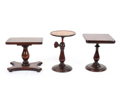 Three mahogany miniature or apprentice pieces, comprising: a square topped table on baluster stem, another with rectangular t