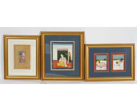 Indian miniatures, a pair of erotic scenes, watercolour and gilding, in one frame, each image 18cm x 14cm approx; another sim