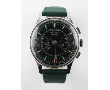 A stainless steel Sekonda 19 jewel manual wind full chronograph wristwatch fitted with a green leather strap. 42.3 grams