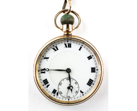 An open face pocket watch. Circular white dial with roman numerals. 15 jewel manual wind Swiss movement. Hallmarked 9ct gold,