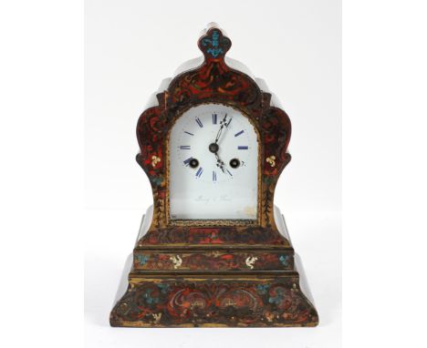 19th century French simulated boulle work striking mantle clock, with ebonised scroll-shaped case, the white enamelled dial n