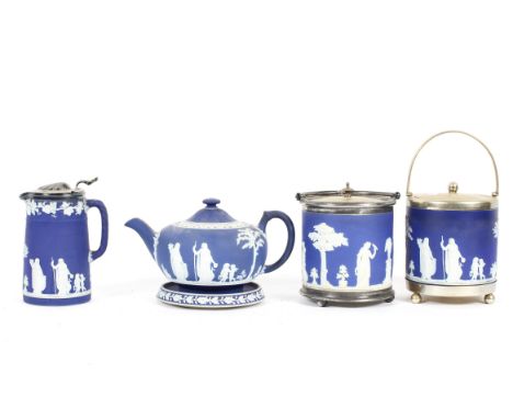 A collection of Wedgwood Jasperware items, late 19th century and later, impressed marks, comprising: two silver-plated biscui