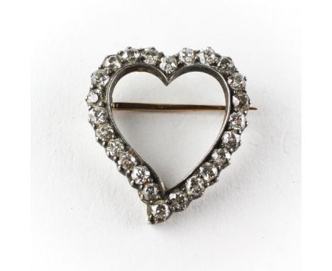 A yellow and white metal open heart brooch set with twenty four old European cut diamonds estimated to weigh a total of 1.20c