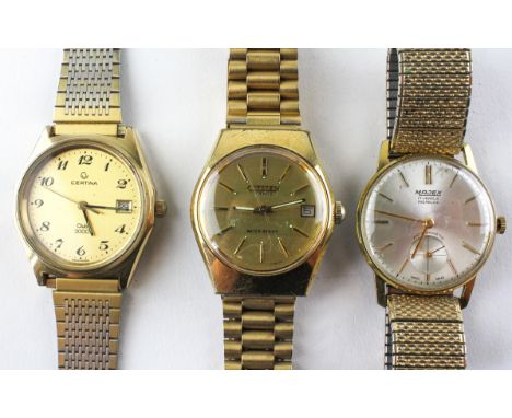 A collection of three gold plated manual wind bracelet wristwatches to include Citizen/Certina/Majex brands. Gross weight: 20