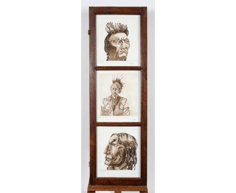 Shirley Blake, set of three framed watercolour portraits of Native Americans in sepia, titled Whirlwind, Pentwy Tuck and Chie