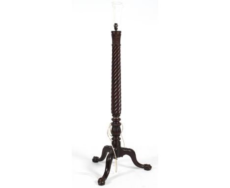 A mahogany 'bed post' standard lamp with tripod base, 138cm high excluding fittings