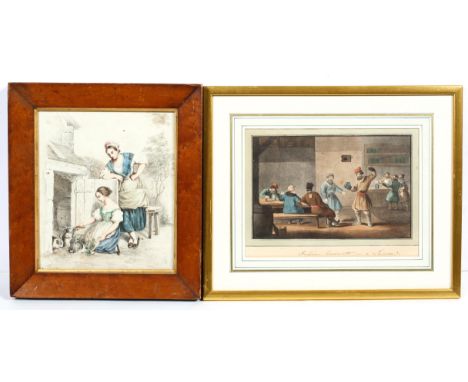 19th century school, Two young ladies feeding rabbits, pencil and colour, 24cm x 21cm; and a print of Prussian peasants in a 