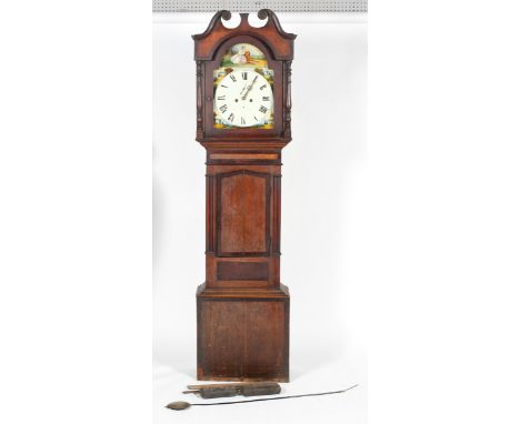 An early 19th century oak longcase clock, the arched dial painted with a woman and hound titled 'My Friend in Youth', with tw