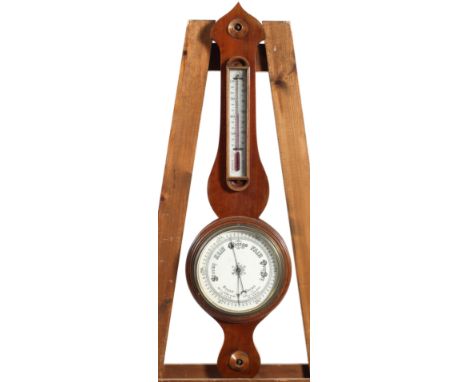 A mahogany wheel barometer with ivorine thermometer gauge and main dial, 91cm high