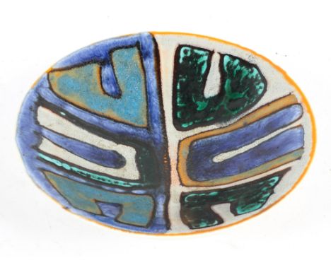 A Poole Pottery Charger, with abstract designs in greens and blues on a grey ground, printed marks, 27cm diameter