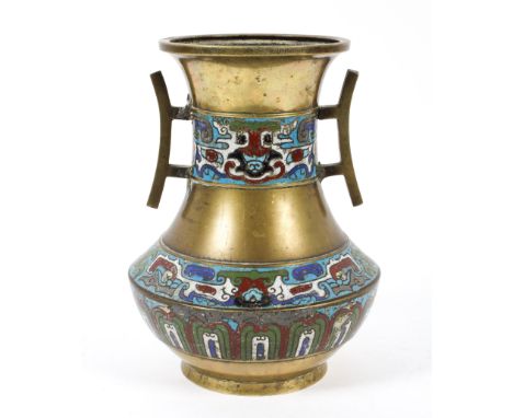 A Chinese cloisonne enamel and brass two-handled vase, with character seal mark to base, decorated with bands of scrolling or