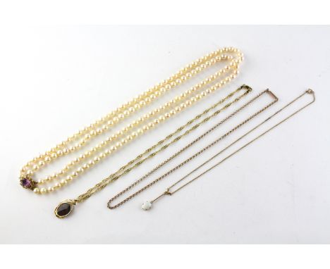 A collection of jewellery to include: A 9ct opal centrepiece necklace; A two row pearl necklace strung plain and finished wit