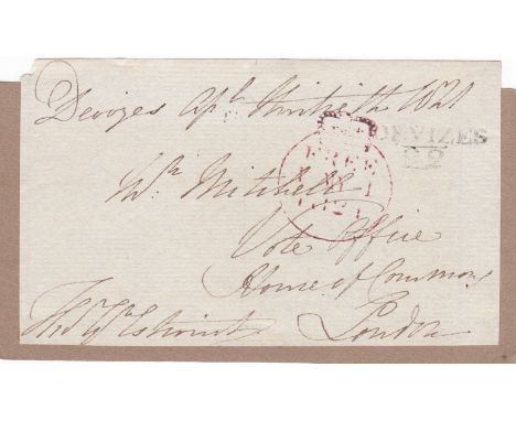 Great Britain 1821-Postal History-folded letter front posted to London, Manuscript Devizes April 30th 1821 black 2 line Deviz