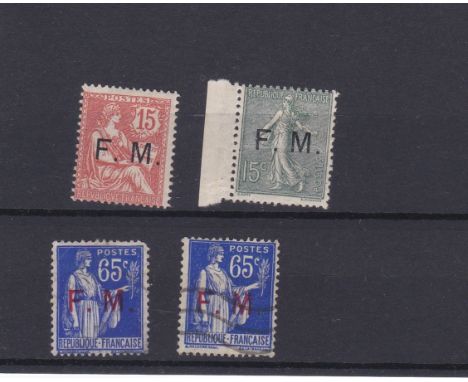 France 1903-1933 Military Frank stamps Incl S.G. M314 15c red, S.G. M324 m/m 15c green and S.G. M517 used 65c blue x2. Cat £2