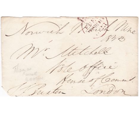 Great Britain 1823 - folded letter front posted to London with manuscript Norwich March 9th 1823, cancelled with red crown fr