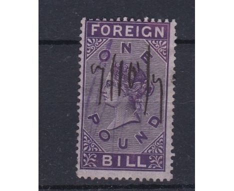 Great Britain 1872-Revenue stamp foreign bill Booth Catalogue No.190 type 216 £1 perf 12.1/2 deep reddish violet-manuscript c