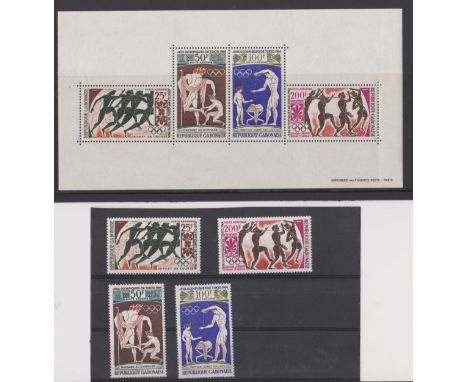 Gabon 1964 Air - Tokyo Olympic Games S.G. 215-218 m/m set, S.G. MS219 m/m miniature sheet