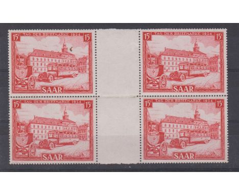 Germany-Saar-French Occupation 1954-stamp day-SG346 15f scarlet u/m block of (4) centre fold along perf line-cat value £60