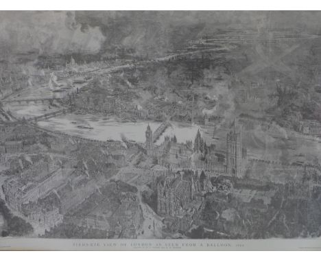 A large reproduction print titled 'Birds eye view of London as seen from a balloon', after W.L. Wylie and H.W. Brewer by J. R
