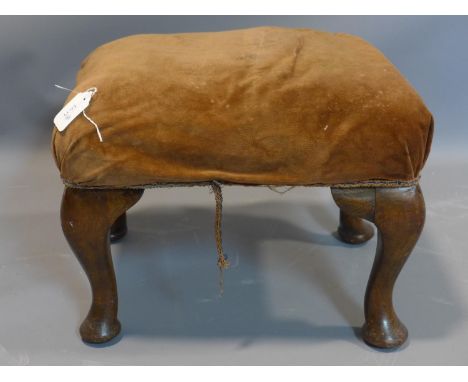 A Georgian style mahogany stool, with velour upholstery, on cabriole legs, H.33 W.42 D.32cm 